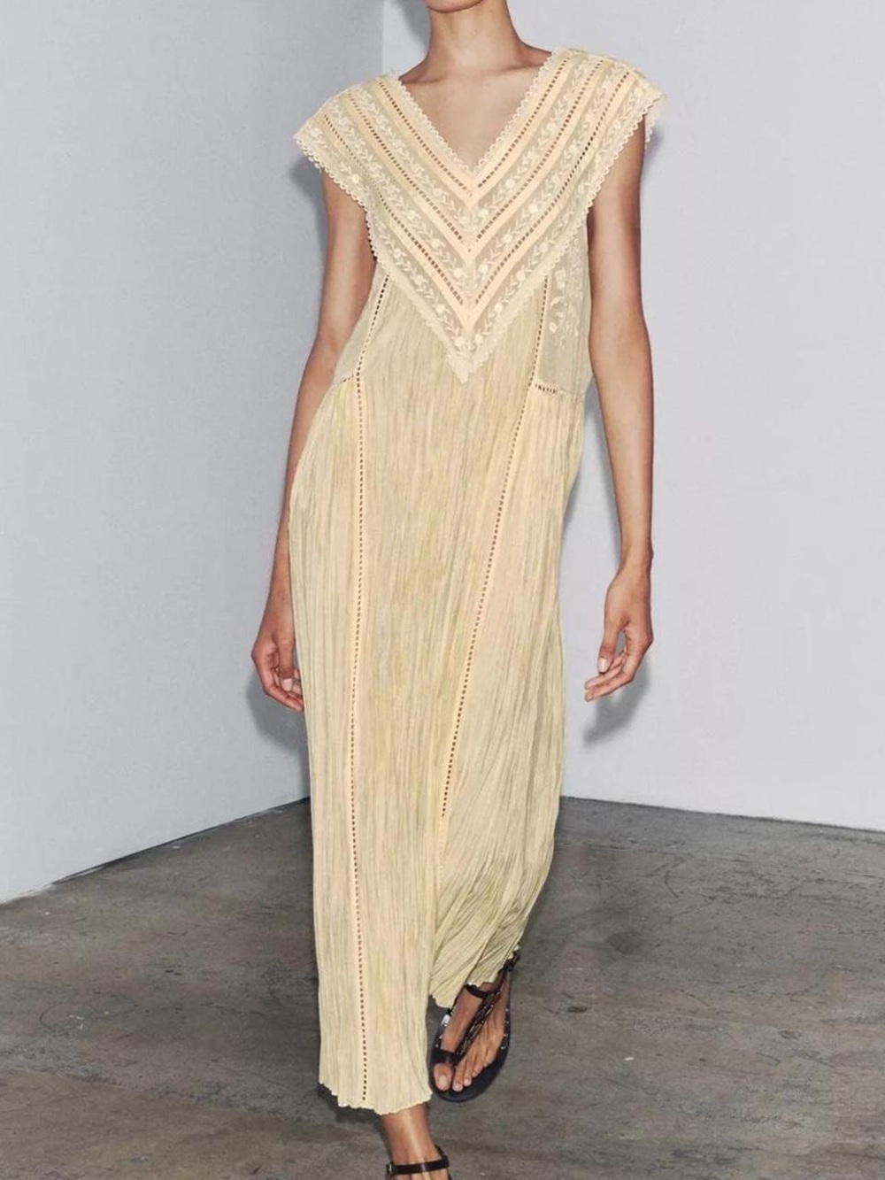 Zara ZW Collection Embroidered Pleated Boho Maxi Dress - Size S
